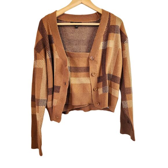 Witty Fox Sweaters - WITTY FOX 2pc Brown Plaid Waist Length Sweater w Spaghetti Strap Top Size- XL